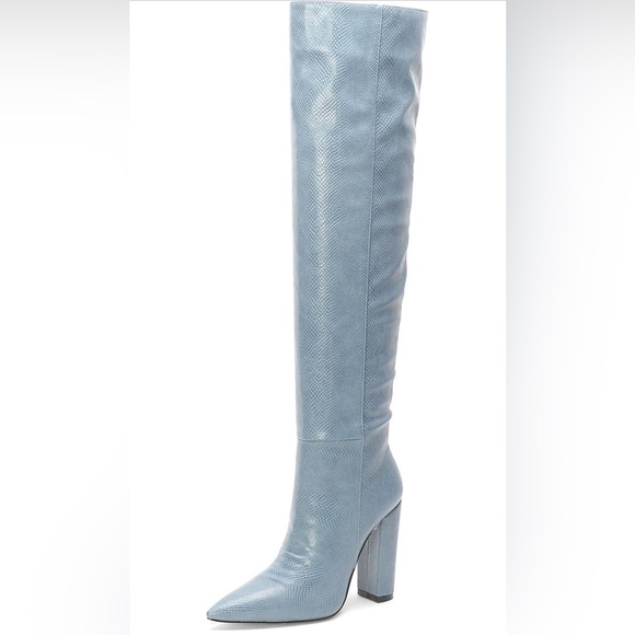 Block Heel Pointed Toe Dress Boots Over the Knee High Vegan Leather, Light Blue - Picture 1 of 3